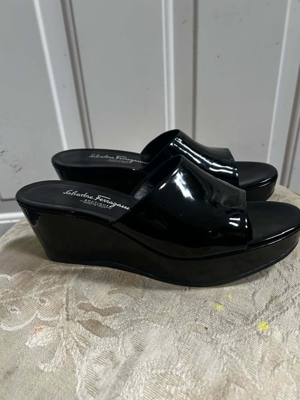 Salvatore Ferragamo Black Patent Leather Wedge Mules